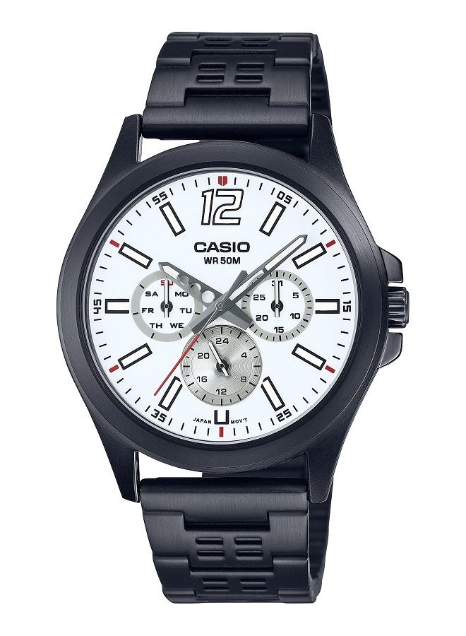 Casio Men Watch Analog Multi Hand White Dial Stainless Steel Black Ion Plated Band and Case MTP-E350B-7BVDF - Image 1