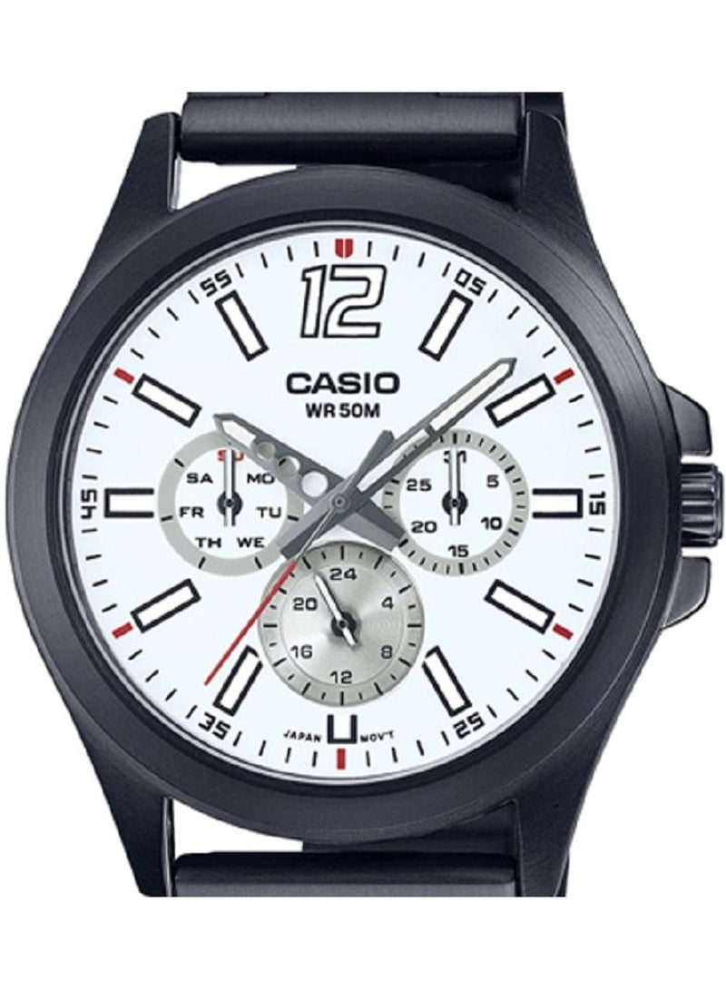 Casio Men Watch Analog Multi Hand White Dial Stainless Steel Black Ion Plated Band and Case MTP-E350B-7BVDF - Image 2