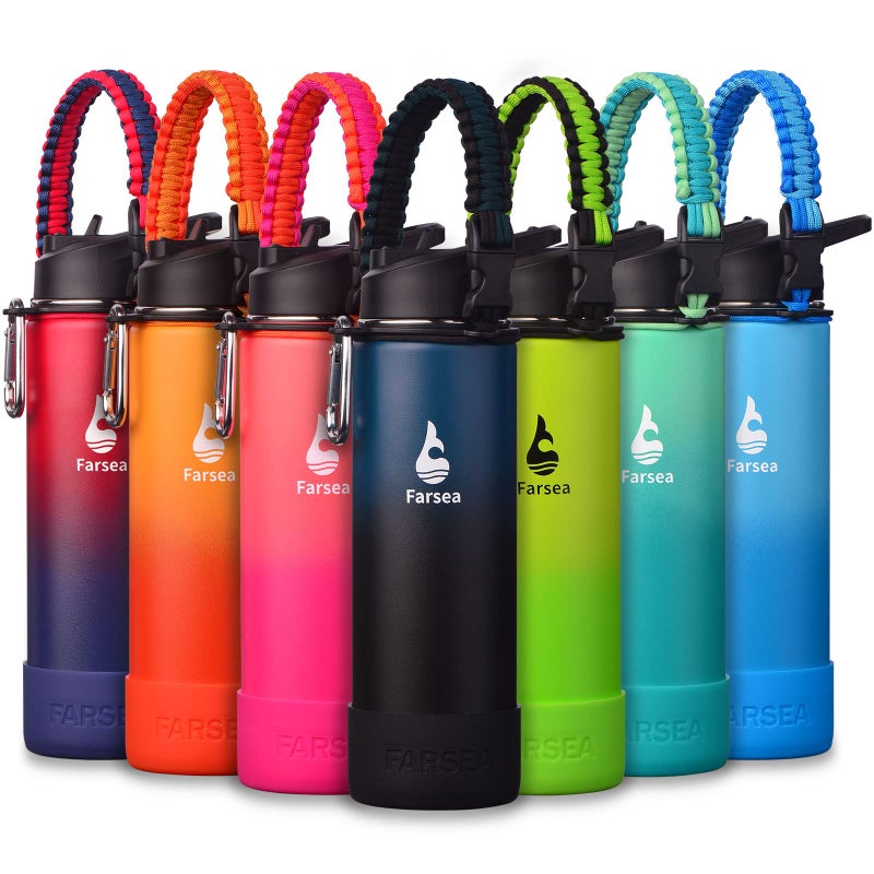 Farsea Insulated Water Bottle With Paracord Handle  Protective Silicone Boot and 2 Lids (Straw Lid & Spout Lid)  Stainless Steel Water Bottle Wide Mouth  Double Wall Sweat-Proof BPA-Free  24 oz