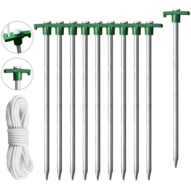 Eurmax Usa Galvanized Non-Rust Camping Family Tent Pop Up Tent Stakes Ice Tools Heavy Duty 10Pc-Pack  With 4X10Ft Ropes & 1 Green Stopper