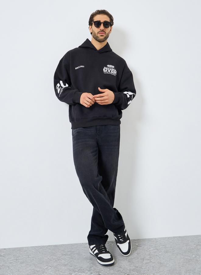 Styli Men Black Graphic Print Pullover Hoodie - Image 2