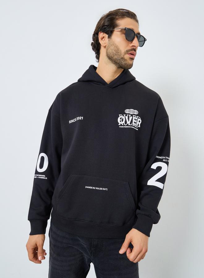 Styli Men Black Graphic Print Pullover Hoodie - Image 3