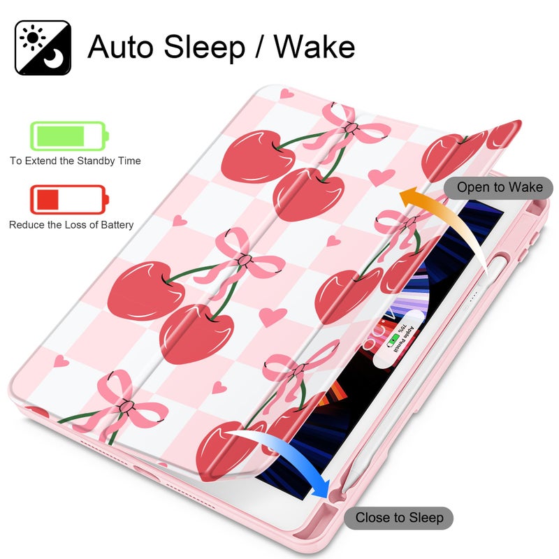 Mektron Printed Case for iPad 10.2 Inch 2021/2020/2019, for iPad 9th/8th/7th Generation Case, Buit in Pencil Holder with Shockproof Cover Clear Shell + Trifold Stand, Cherries Bows C353 - Image 5