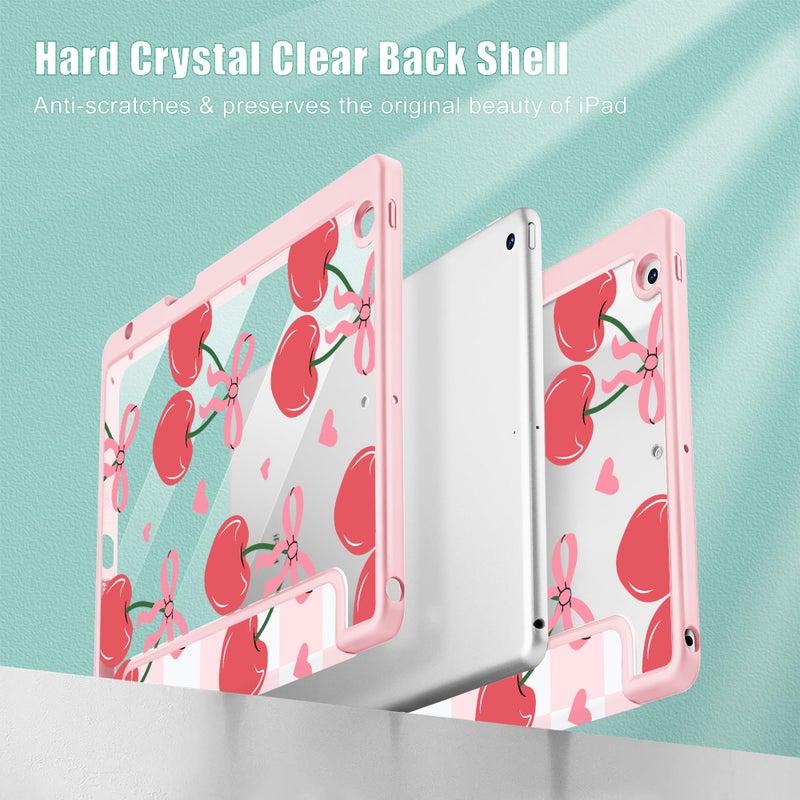 Mektron Printed Case for iPad 10.2 Inch 2021/2020/2019, for iPad 9th/8th/7th Generation Case, Buit in Pencil Holder with Shockproof Cover Clear Shell + Trifold Stand, Cherries Bows C353 - Image 3