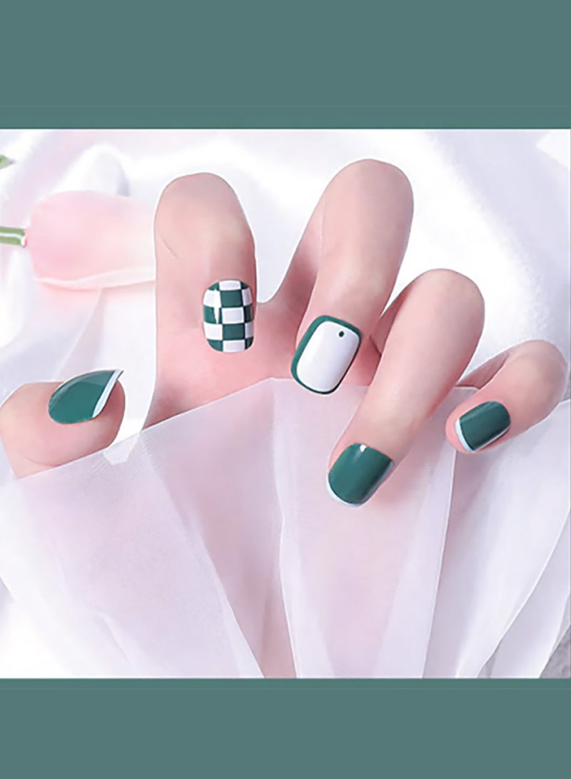 Generic 24Pcs Cartoon Soft Gel Fake Nails Short, Salon Like Press on Nails Short, No Fade Out, Seamless Glue on Nails for Woman Nail ,The Middle East Girl (Green Grid)