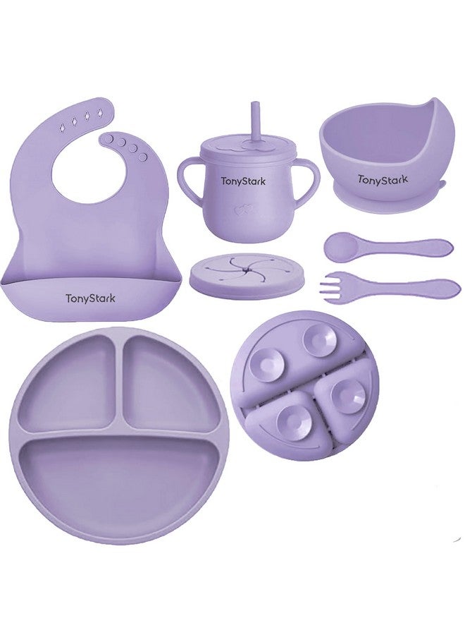 TONY STARK 7 Pcs Silicone Baby Feeding Set Bpa-Free,Microwave Safe,Anti-Slip Base | Complete Tableware Kit For Babies & Toddlers With Suction Plate,Bowl,Cup, Spoon,Fork & Bib (Lavender) - Image 1