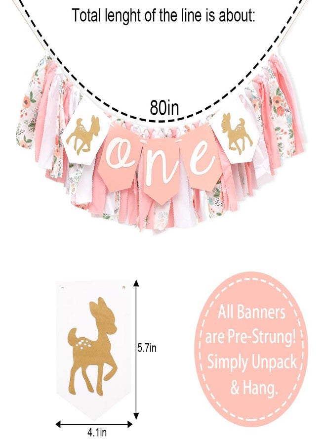 Jissoo Deer One High Chair Banner - Fawn 1st Birthday Party Decorations,Forest Animals Pink Fabric Banner,Deer First Christmas Birthday Photo Prop,Little Princess Woodland Party Cake Smash - Image 2