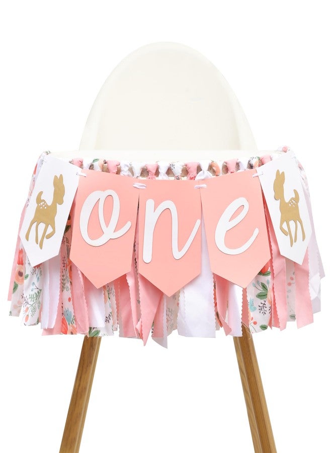 Jissoo Deer One High Chair Banner - Fawn 1st Birthday Party Decorations,Forest Animals Pink Fabric Banner,Deer First Christmas Birthday Photo Prop,Little Princess Woodland Party Cake Smash - Image 1