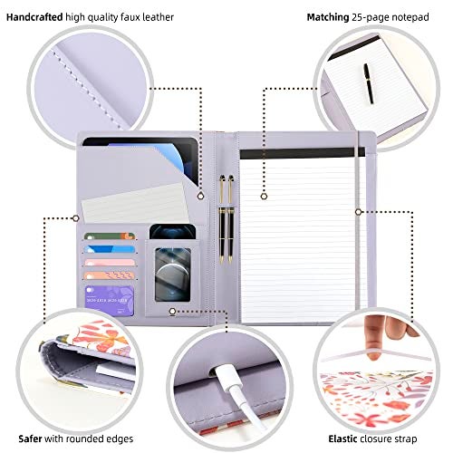 Ospelelf Padfolio for Women PU Leather Portfolio Cute Binder Foldable Recipe Clipboard Purple Phone Pocket - Image 3