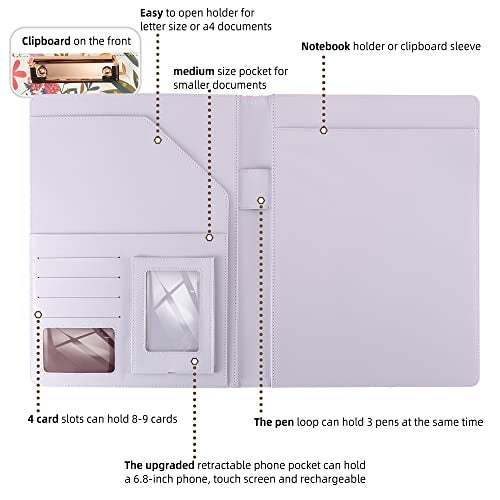 Ospelelf Padfolio for Women PU Leather Portfolio Cute Binder Foldable Recipe Clipboard Purple Phone Pocket - Image 4