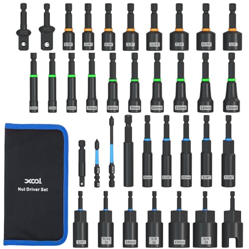 XOOL 36PCS Magnetic Nut Driver Set, Metric and SAE Nut Driver Set for 1/4" Quick-Change Hex Shank, Impact Drill Driver Bit Set with Storage Bag - Image 1