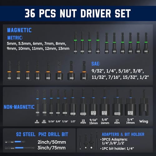 XOOL 36PCS Magnetic Nut Driver Set, Metric and SAE Nut Driver Set for 1/4" Quick-Change Hex Shank, Impact Drill Driver Bit Set with Storage Bag - Image 2