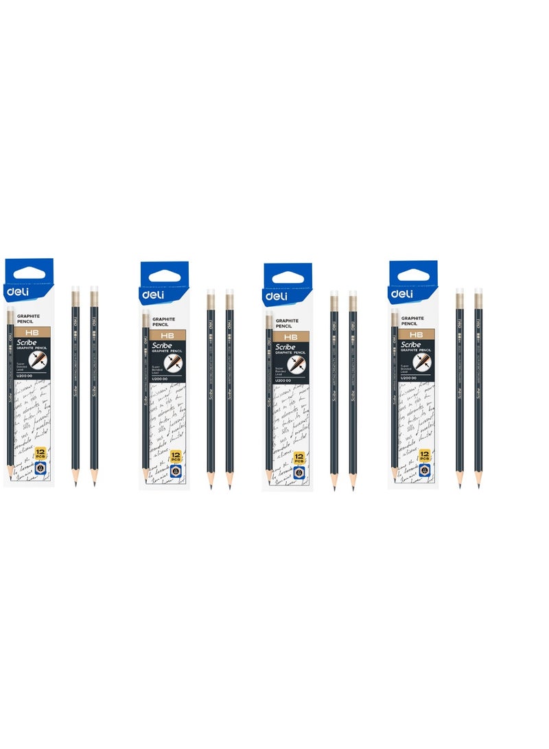 Deli Graphite Pencil Set – Pack of 4*12-Piece Black Pencils with Non-Toxic PVC-Free Eraser, High-Quality Basswood, Easy Sharpening & Comfortable Grip - EU20000 - Image 1