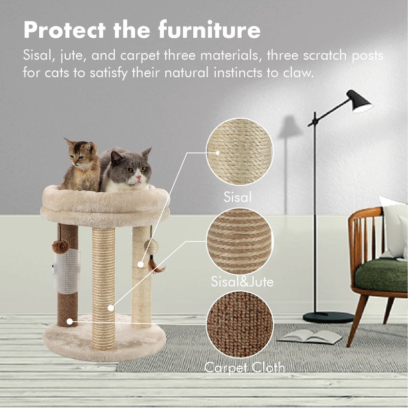 MECOOL 4in1 Small Cat Tree,Scratching Post with Tower Soft Bed, Sisal Carpet Jute Posts with Three Hanging Ball Toys and Massage Brush for Indoor Cats and Kittens - Image 3