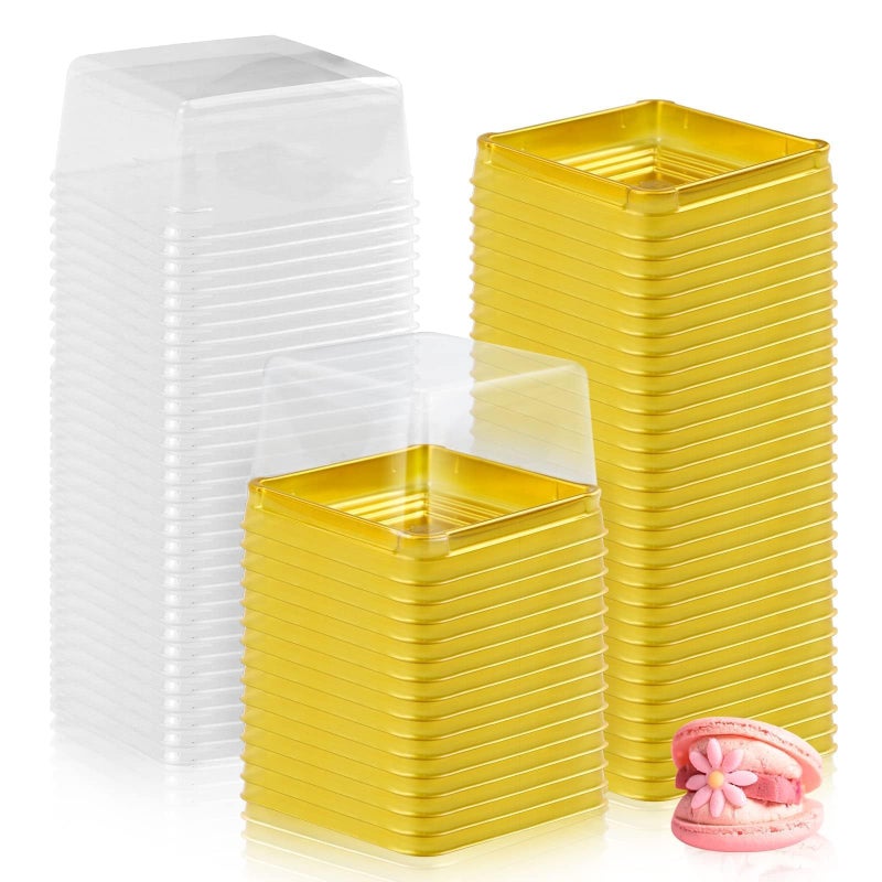 GothaBach 100 Set 3 Mini Cupcake Containers Plastic Square Containers with Lids Cupcake Boxes Muffin Pod Dome Muffin Single Individual Container Box for Wedding Birthday Gifts Supplies Golden