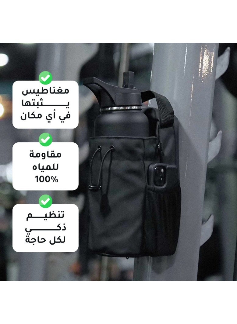 حقيبة زجاجة رياضية مغناطيسية ، سوداء اللون، مقاومة للماء، مزودة بجيوب متعددة للتنظيم وحزام قابل للتعديل - Image 4