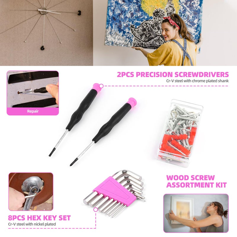 URASISTO 123 Piece Pink Household Tool Set with 3.6V USB Electric Screwdriver, Home Tool Kit with Cordless Lithium-ion Drill Driver, HandTool Kits for Women - Image 5