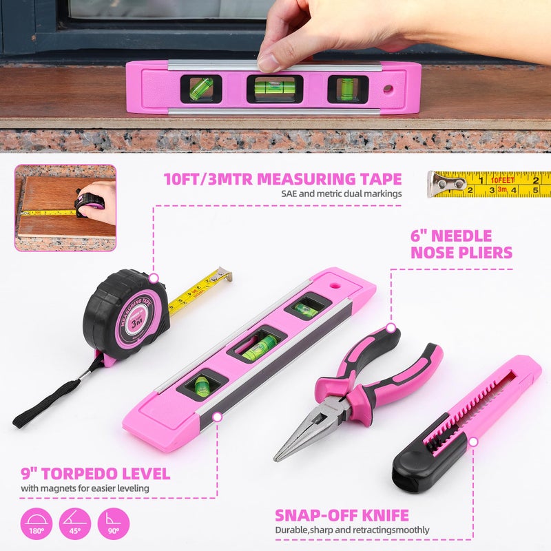 URASISTO 123 Piece Pink Household Tool Set with 3.6V USB Electric Screwdriver, Home Tool Kit with Cordless Lithium-ion Drill Driver, HandTool Kits for Women - Image 4