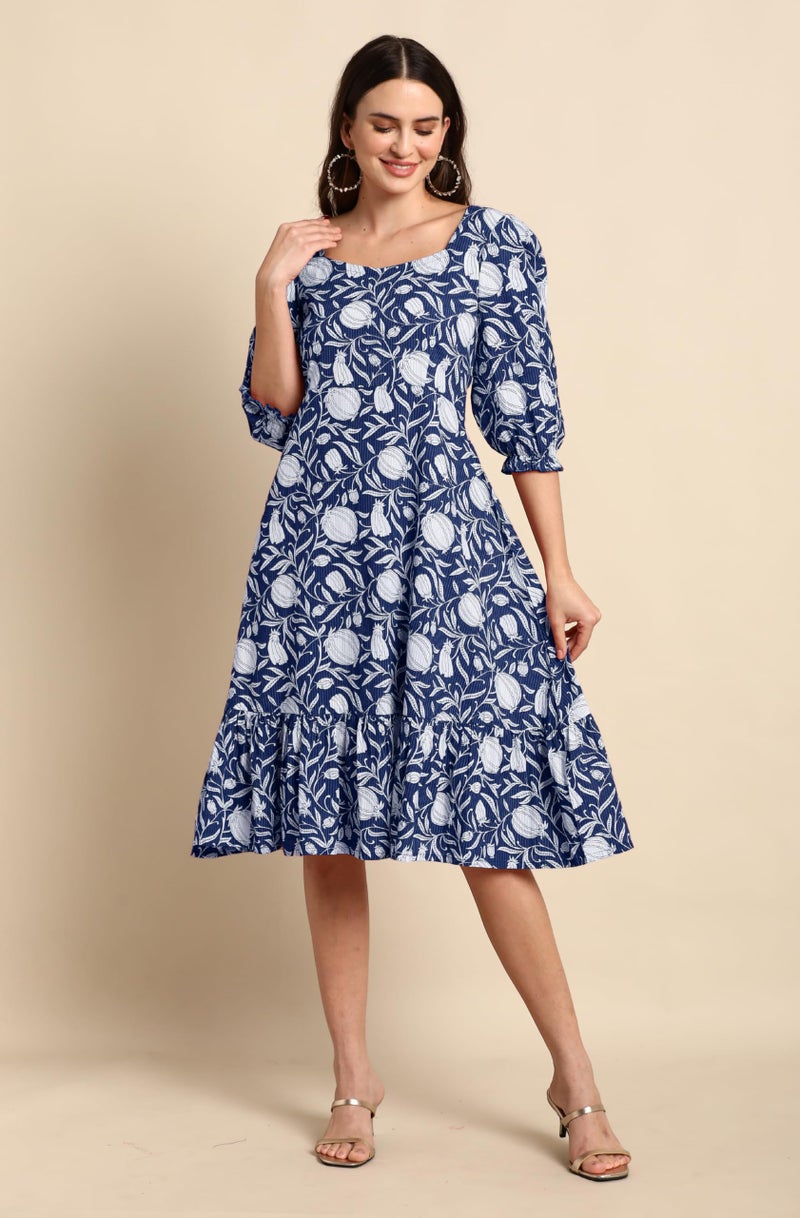 Janasya Women's Indigo Pure Cotton Floral Printed A-Line Dress (JAC24DR01528-M) - Image 2
