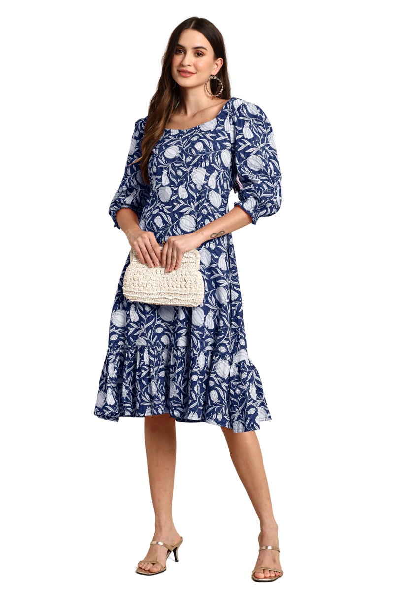 Janasya Women's Indigo Pure Cotton Floral Printed A-Line Dress (JAC24DR01528-M) - Image 1