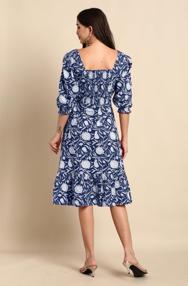 Janasya Women's Indigo Pure Cotton Floral Printed A-Line Dress (JAC24DR01528-M) - Image 4