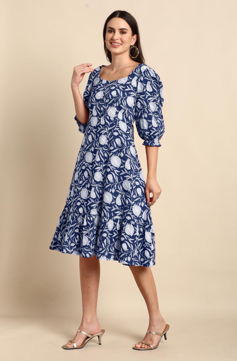 Janasya Women's Indigo Pure Cotton Floral Printed A-Line Dress (JAC24DR01528-M) - Image 3