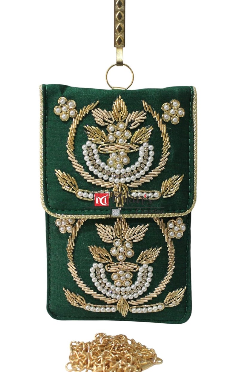 MILAN'S CREATION Exclusive Mobile Pouch Zardozi Hand Embroidery With Waist Clip Hook & Sling Chain (removable) | Ladies Women’s Handbag Wallet Sling Purse | Party Wedding Festival Giveaways Gift | - Image 1