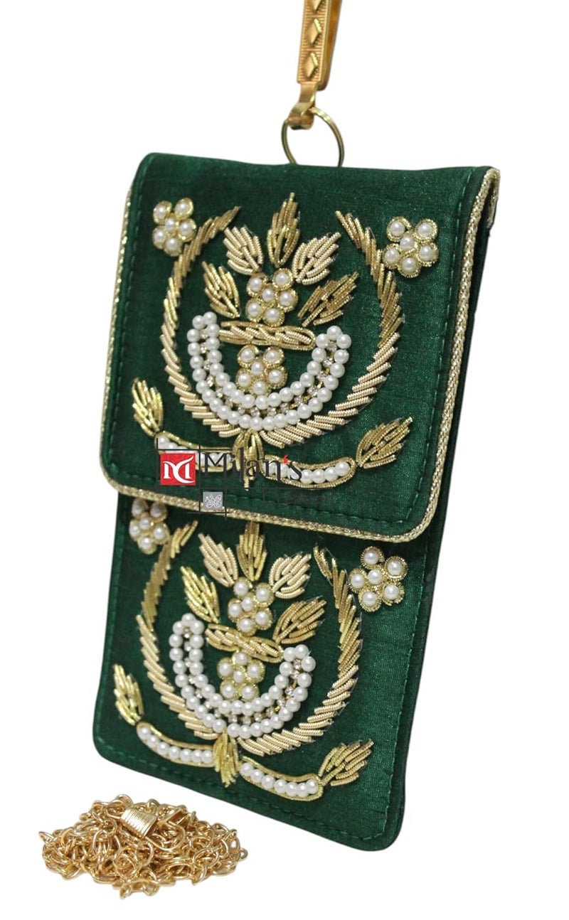 MILAN'S CREATION Exclusive Mobile Pouch Zardozi Hand Embroidery With Waist Clip Hook & Sling Chain (removable) | Ladies Women’s Handbag Wallet Sling Purse | Party Wedding Festival Giveaways Gift | - Image 2