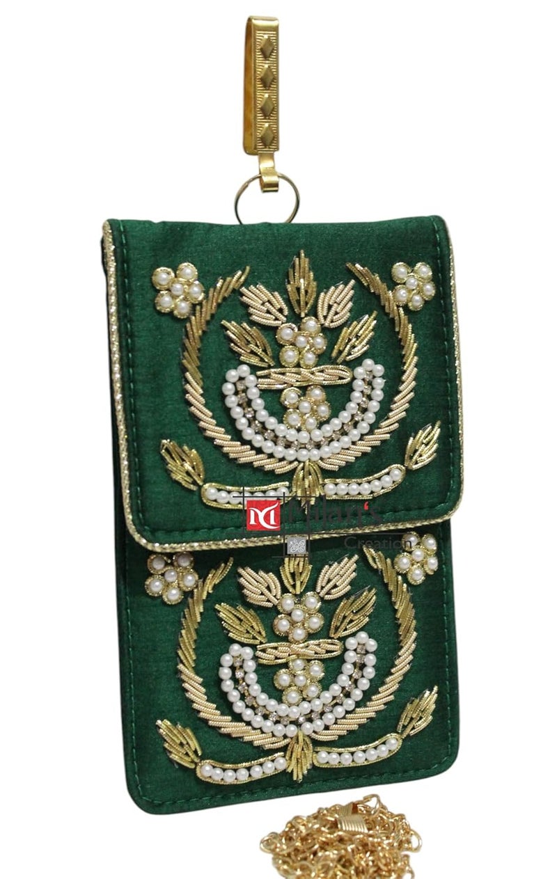 MILAN'S CREATION Exclusive Mobile Pouch Zardozi Hand Embroidery With Waist Clip Hook & Sling Chain (removable) | Ladies Women’s Handbag Wallet Sling Purse | Party Wedding Festival Giveaways Gift | - Image 3