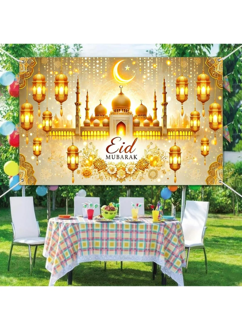 YOUGE Eid Mubarak Banner Backdrop 71x43 Inch Islamic Mosque Crescent Moon Photo Background for Eid Decorations Muslim Home Party Ramadan Celebration Wall Hanging Indoor Outdoor Display - Image 1