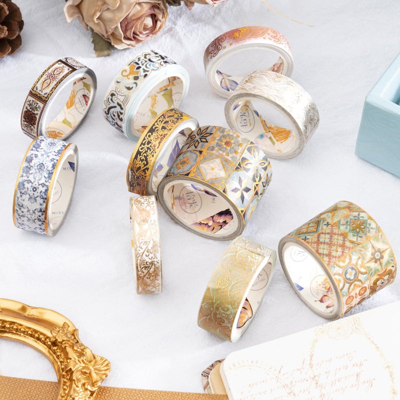 MOSA BEAR Van Gogh Washi Tape, 10 Rolls Vintage Watercolor Washi Masking Tape Set with Gold Foil, Decorative Tape for Bullet Journal, DIY Craft, Scrapbook Supplies - Image 3