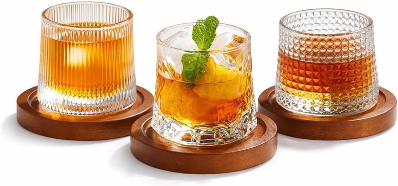 UREVO 3 PCS Spinning Glass Tumblers Set with Wooden Base - Old Fashioned Glasses, 200 ML - Image 1