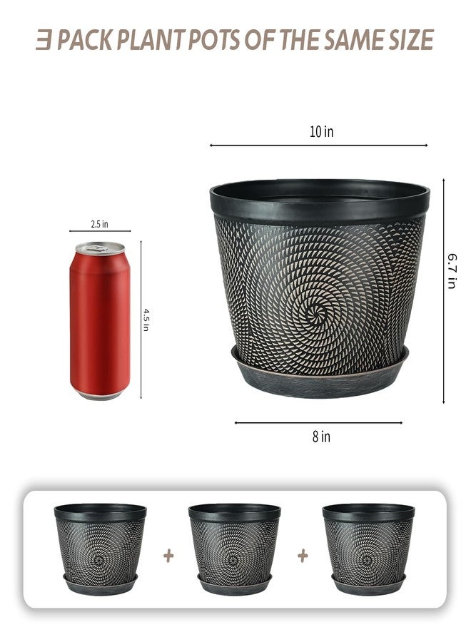 Quarut 10 Inch Flower Pots for Outdoor Indoor, 3 Pack Plastic Plant Pots with Drainage Hole & Tray, Modern Decorative Garden Pot with Saucer, planters for House (Brown) - Image 3
