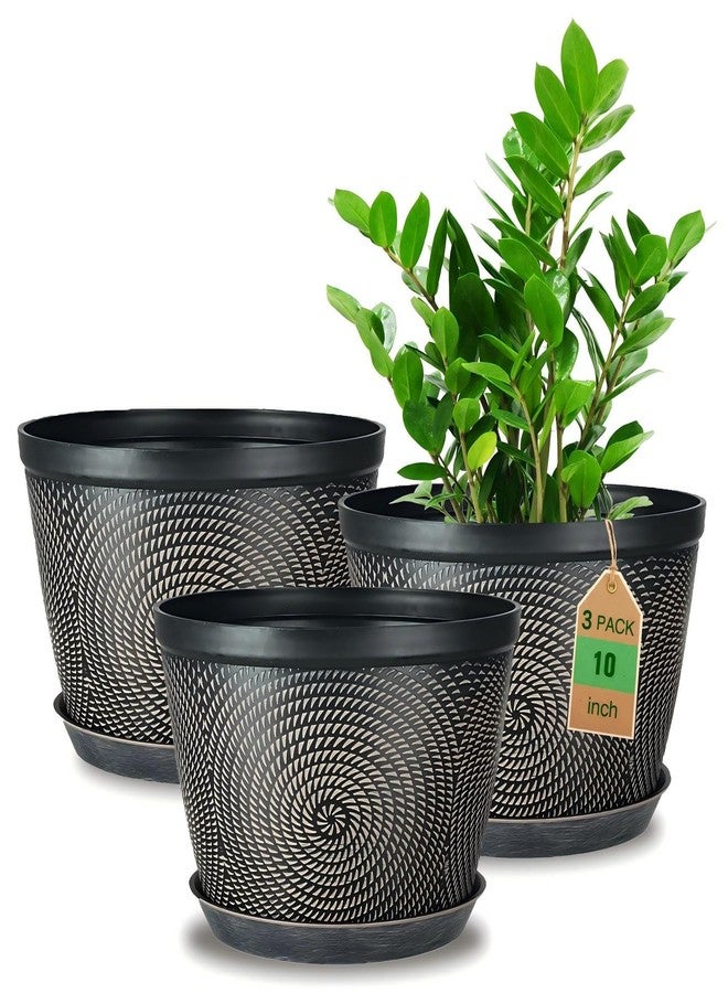 Quarut 10 Inch Flower Pots for Outdoor Indoor, 3 Pack Plastic Plant Pots with Drainage Hole & Tray, Modern Decorative Garden Pot with Saucer, planters for House (Brown) - Image 1