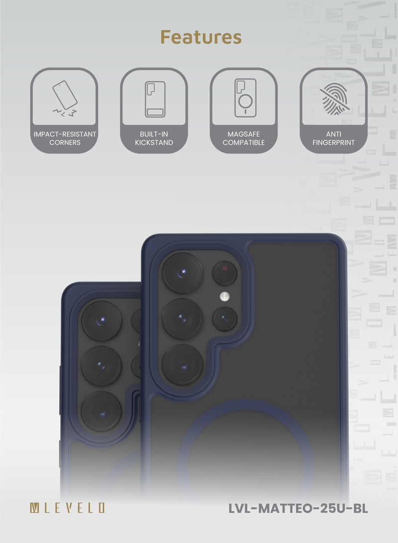 ليفيلو جراب S25 Ultra Matteo مع قبضة حامل سفلي / زوايا مقاومة للصدمات / مضاد لبصمات الأصابع / جراب هاتف متوافق مع Magsafe / غطاء حماية من السقوط والتلف - رمادي - Image 2