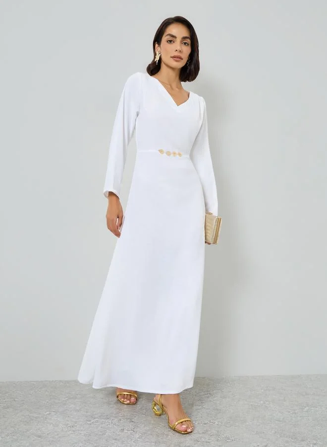 Maxim Creation White Maxi Dress with Metallic Leaf Detail