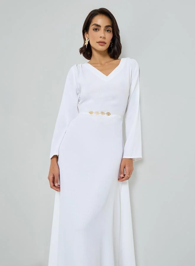 Maxim Creation White Maxi Dress with Metallic Leaf Detail
