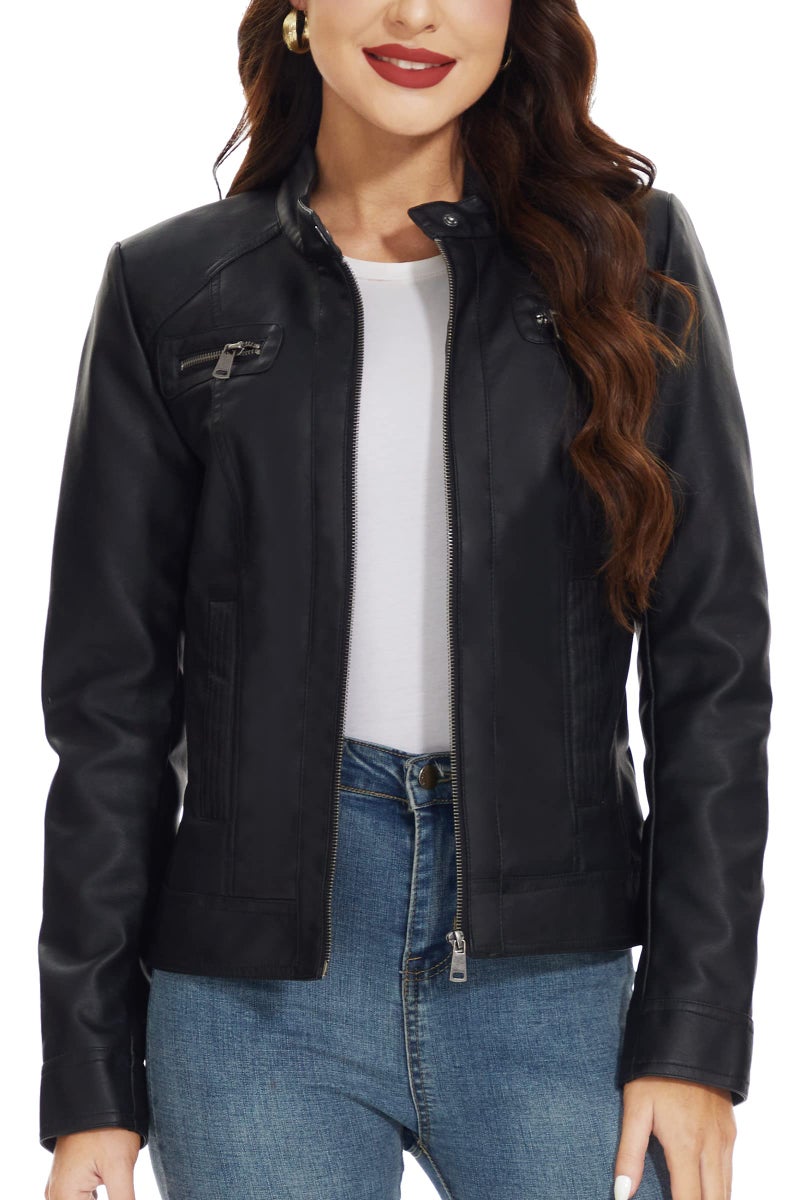 Fahsyee Womens Faux Leather Jackets Zip Up Motorcycle Short PU Moto Biker Outwear Stand Collar Coat Size S Black