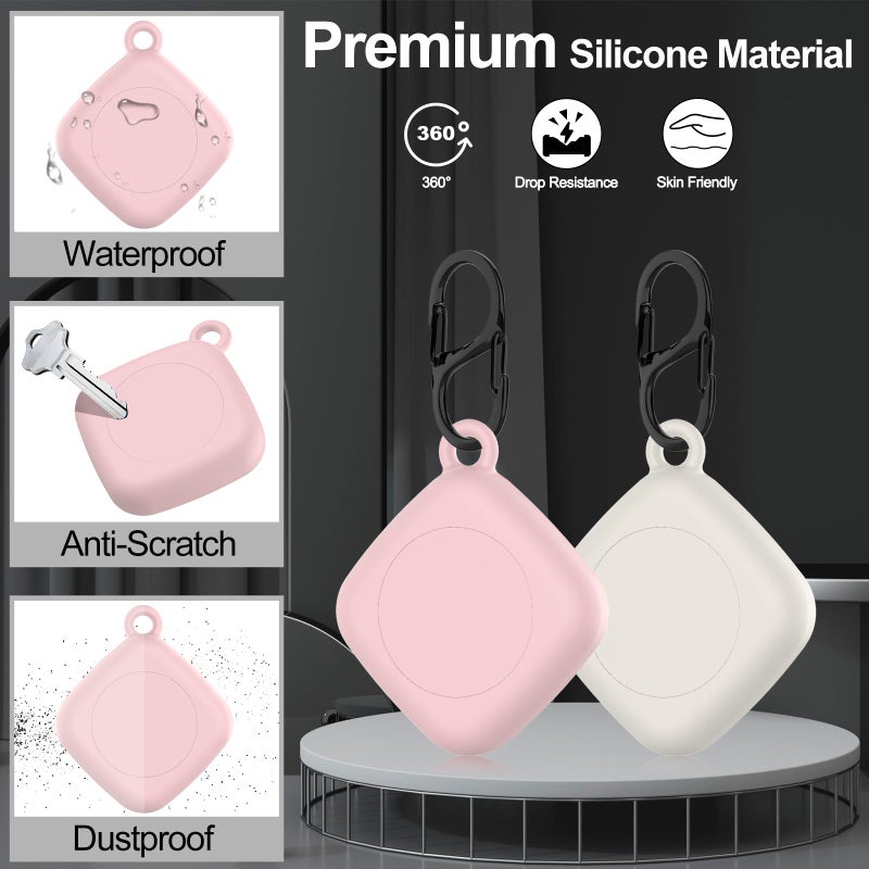 SGHLDE Silicone Case for Life360 Tile Tracker 2 Pack, for Tile Mate 2022 Full Body IPX8 Waterproof and Anti-Scratch Protective with Carabiner for Kids, Keys, Luggage, Cat/Dog Collar Tag (Off White+Pink) - Image 3