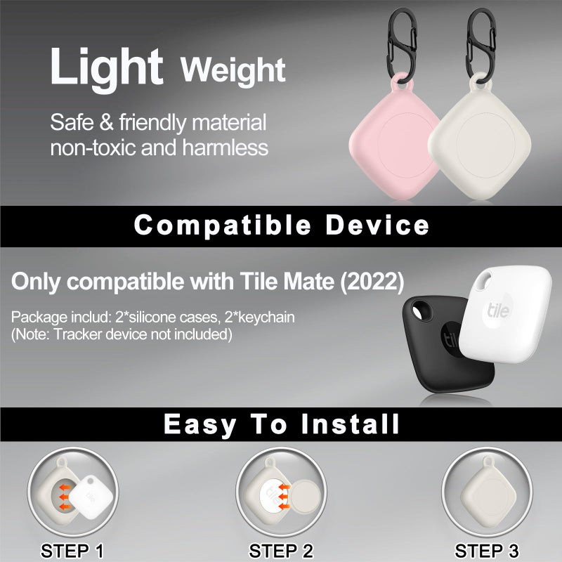 SGHLDE Silicone Case for Life360 Tile Tracker 2 Pack, for Tile Mate 2022 Full Body IPX8 Waterproof and Anti-Scratch Protective with Carabiner for Kids, Keys, Luggage, Cat/Dog Collar Tag (Off White+Pink) - Image 5