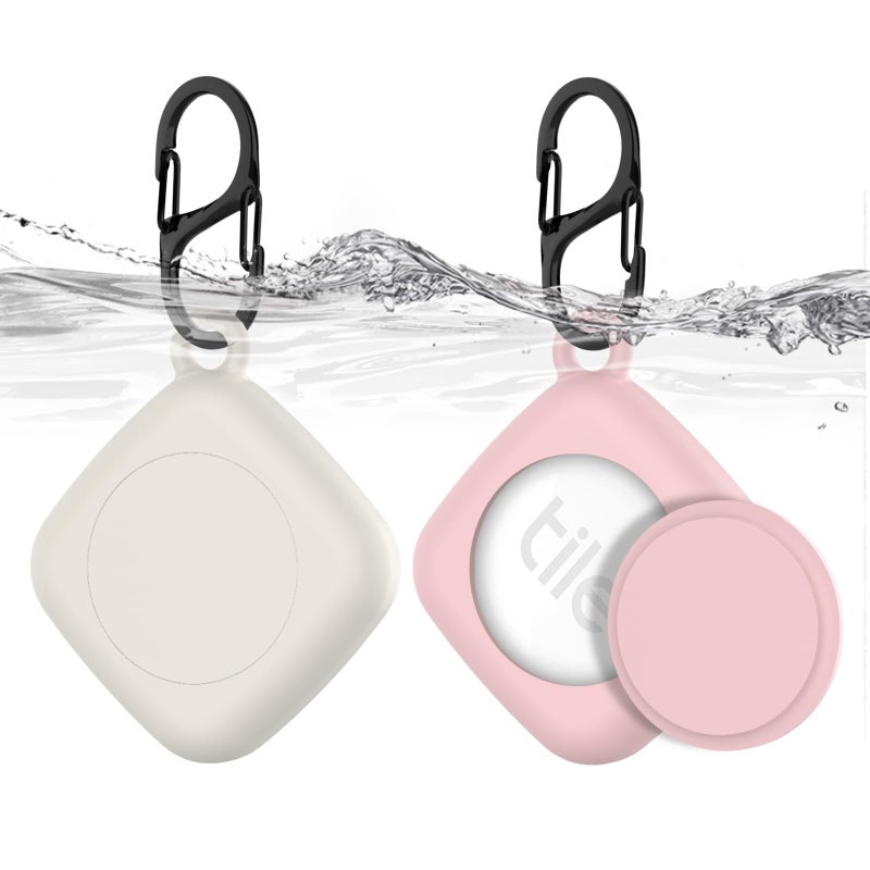 SGHLDE Silicone Case for Life360 Tile Tracker 2 Pack, for Tile Mate 2022 Full Body IPX8 Waterproof and Anti-Scratch Protective with Carabiner for Kids, Keys, Luggage, Cat/Dog Collar Tag (Off White+Pink) - Image 1
