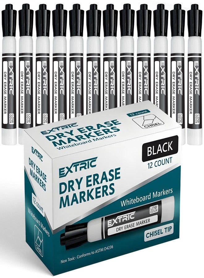 EXTRIC Black Dry Erase Markers, 12 Count Whiteboard Markers Chisel Tip, White Board Marker Dry Erase, Low Odor Chisel Tip Erasable Markers - Image 1