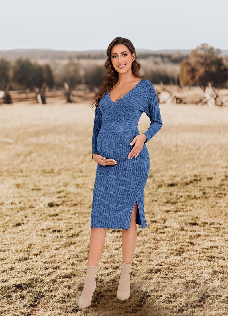 guruixu Wrap V Neck Maternity Sweater Dress Rib Knit Batwing Open Back Slit Pregnancy Dresses for Baby Shower Maternity Photoshoot Outfits Blue - Image 3