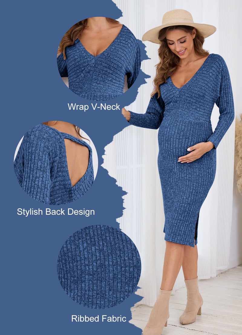 guruixu Wrap V Neck Maternity Sweater Dress Rib Knit Batwing Open Back Slit Pregnancy Dresses for Baby Shower Maternity Photoshoot Outfits Blue - Image 4