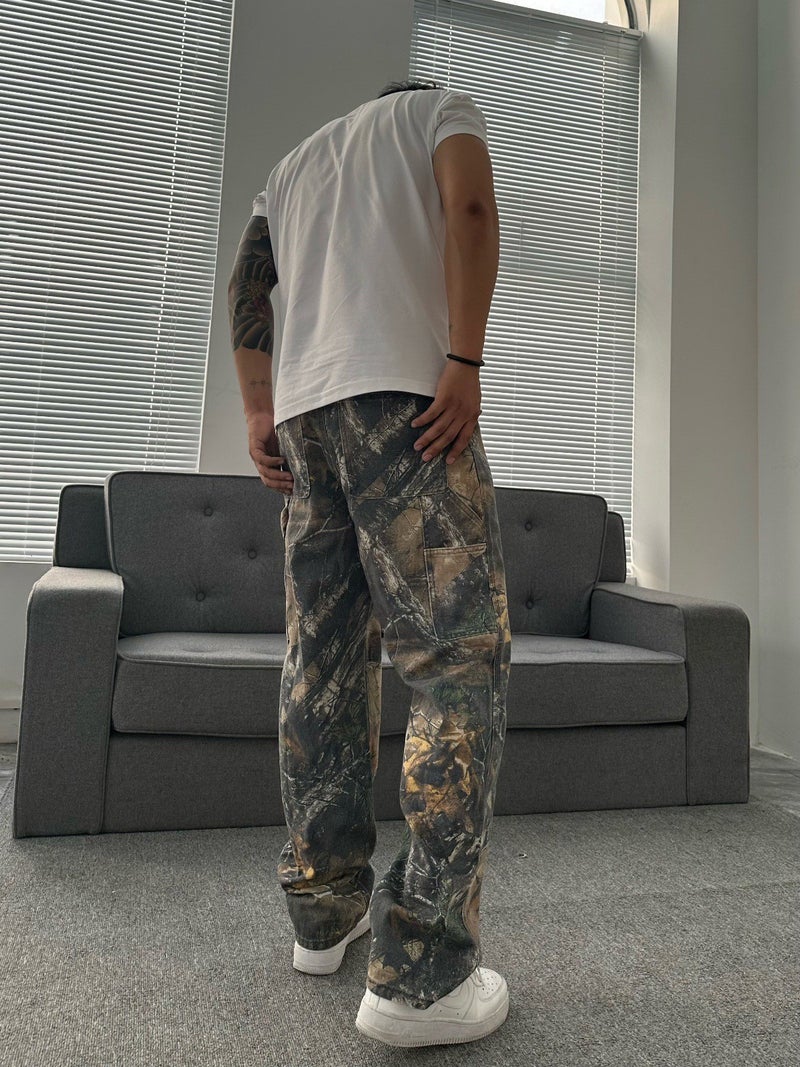 سروال جينز فضفاض بتصميم أمريكي مع ورقة شجرة القيقب بتقنية التمويه، جينز مستقيم، بنطلون كاجوال عتيق - Image 5