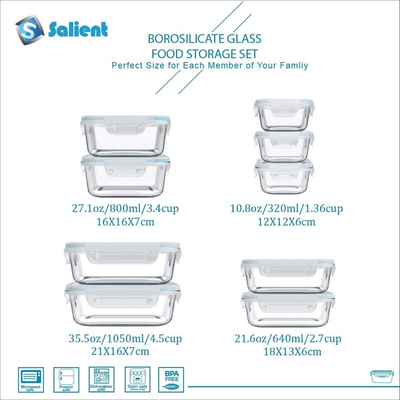 S SALIENT 18 Piece Glass Food Storage Containers with Lids, Glass Meal Prep Containers, food storage Containers for Food Storage with Lids, BPA Free & Leak Proof (9 lids & 9 Containers) - Image 2