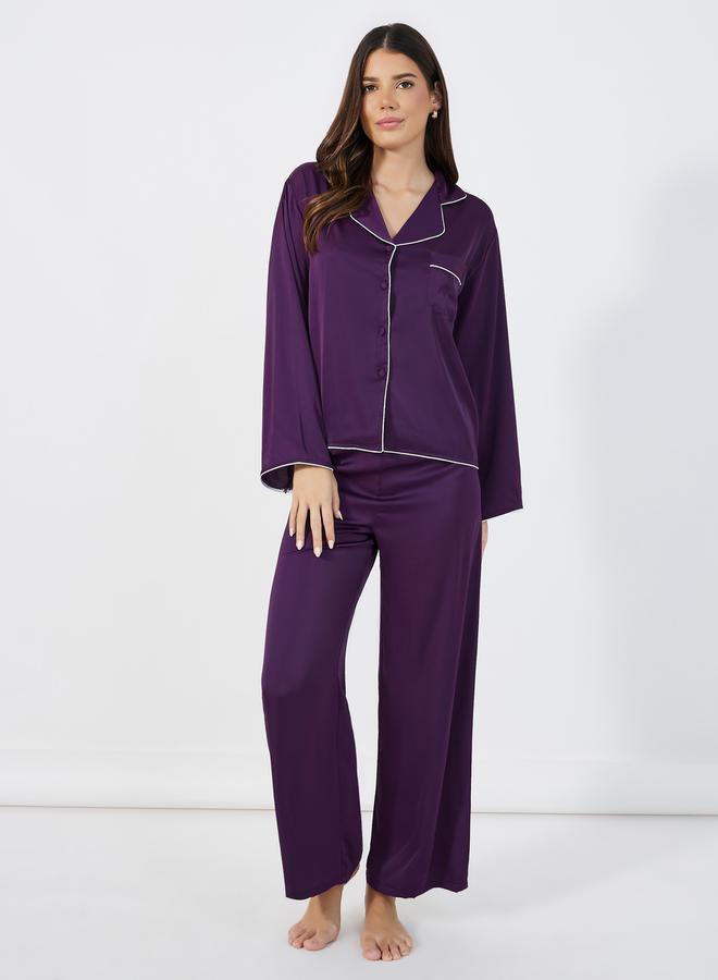Styli Solid Piped Button Through Shirt & Pyjama Set - Image 2
