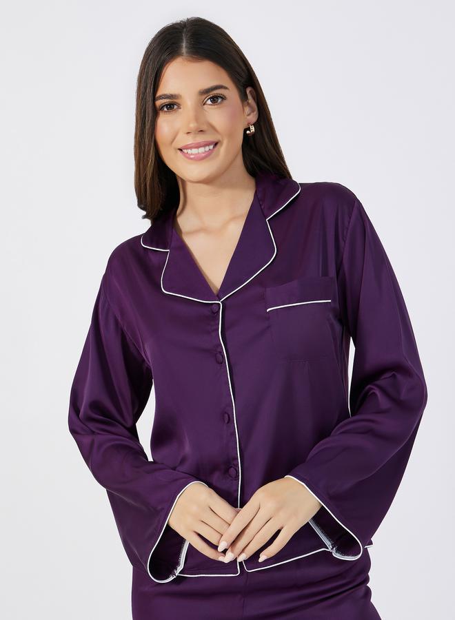 Styli Solid Piped Button Through Shirt & Pyjama Set - Image 3
