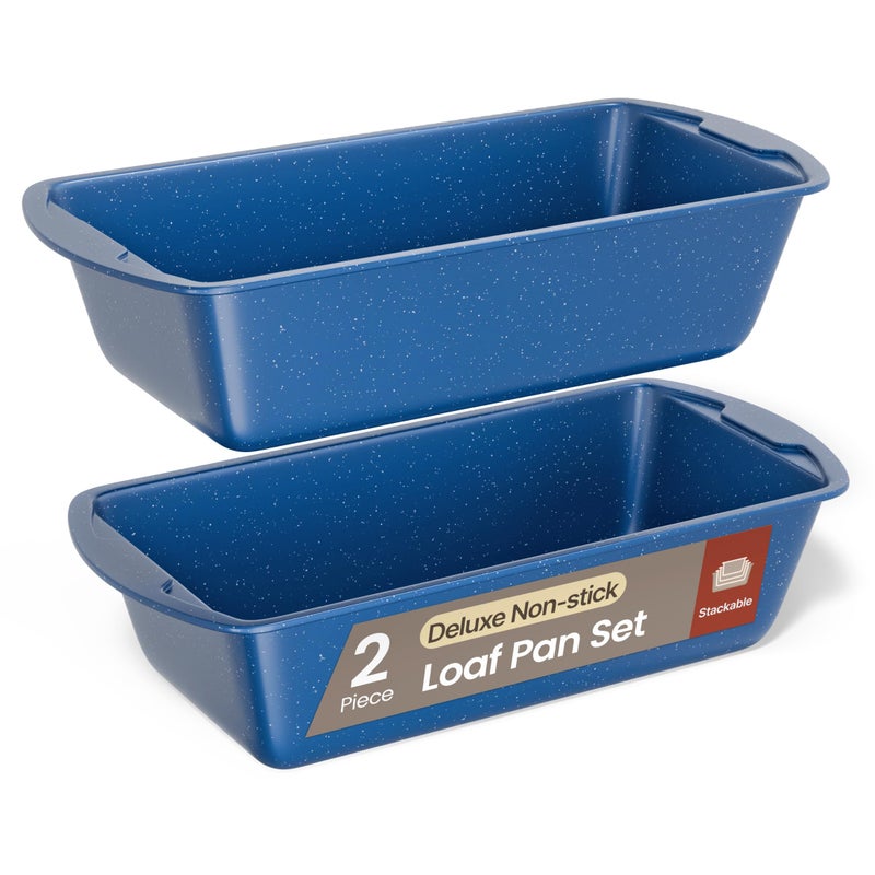 BAKKENMASTER Nonstick Loaf Pan Set Pack of 2, 10.2" & 11" Large Baking Bread Pan, Oven Safe Up to 450Â°F, PFOA, PFOS, PTFE Free, Space Saving Stackable Design, Stain Resistant, Dishwasher Friendly, Blue Marble - Image 1