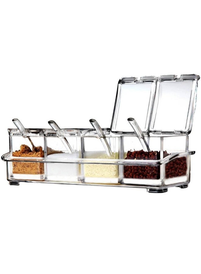 kunshao Seasoning Box, Seasoning Rack Spice Pots, Storage Container Condiment Jars, 4 Piece Clear Acrylic Cruet with Cover and Spoon Transparent - Image 1